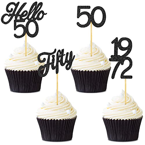 48 Pieces Glitter Hello 50 Birthday Cupcake Toppers Fifty 1972 P