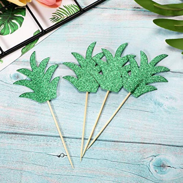 48 Pieces Glittery Cupcake Topper with Pineapple and Palm Leaf D...