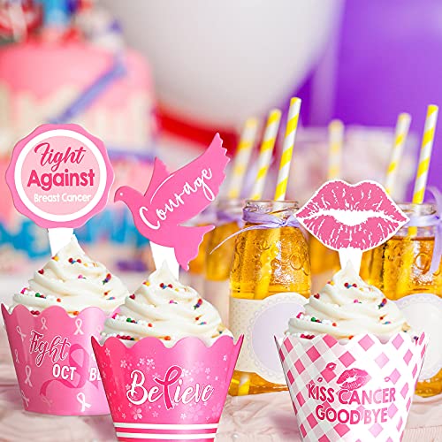 96 Pieces Breast Cancer Awareness Cupcake Topper Pink Cupcake Wr...