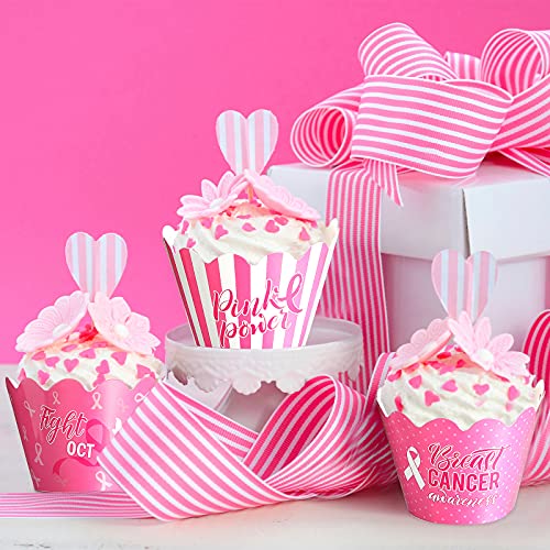 96 Pieces Breast Cancer Awareness Cupcake Topper Pink Cupcake Wr...