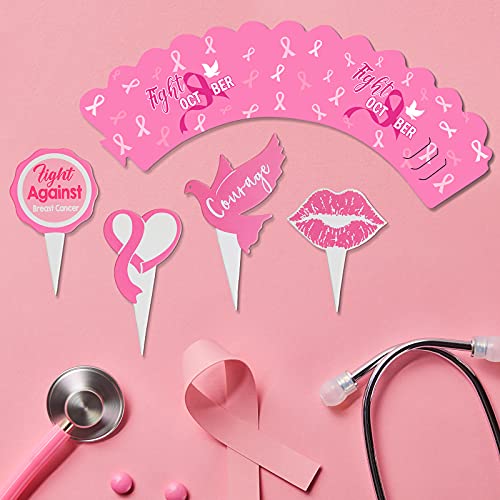 96 Pieces Breast Cancer Awareness Cupcake Topper Pink Cupcake Wr...