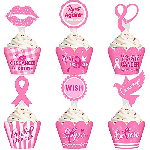 96 Pieces Breast Cancer Awareness Cupcake Topper Pink Cupcake Wr...