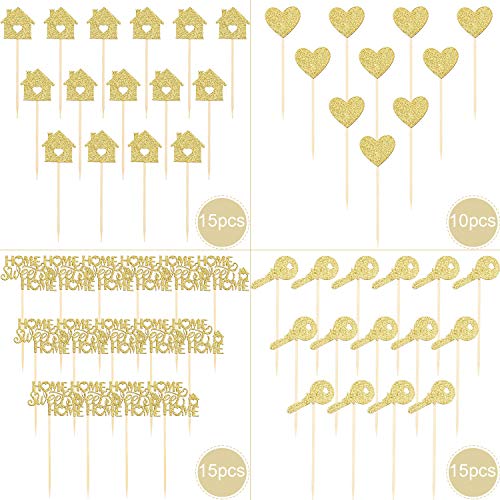 55 Pieces Home Sweet Home Cupcake Toppers Gold Glitter Home Cupc