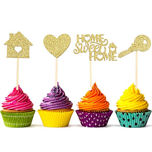55 Pieces Home Sweet Home Cupcake Toppers Gold Glitter Home Cupc